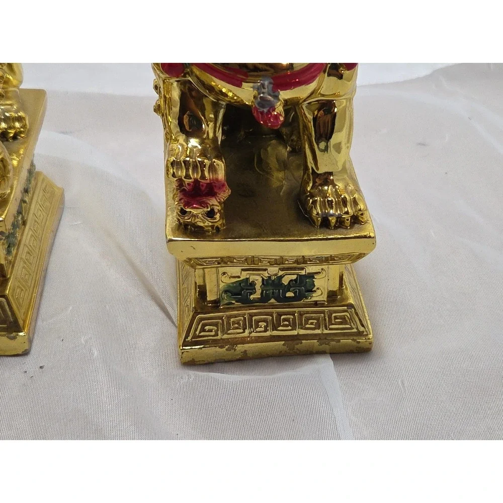 Vtg‎ Pair Chinese Guardian Foo Dogs, gold plated possibly bronze heavy 7